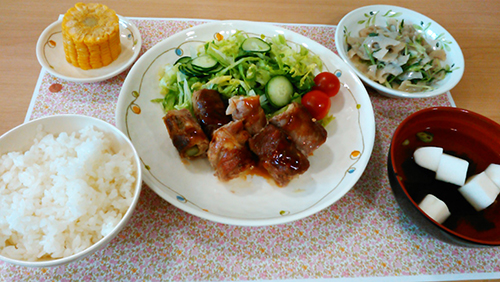 食事例：アスパラと高野豆腐の肉巻きソテー